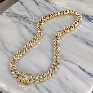 Yellow Rhinestone Studded Cuban Link Curb Chain Necklace Gold 15.7 inches Luxe